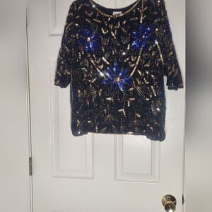 Vtg Royal XL Black 100% PURE SILK 3/4 Slvb Gold Blue Accents Beaded Women's Top